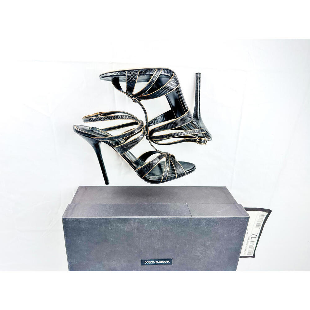 Dolce & Gabbana Ankle-Strap Heels Black & Gold Leather Size 39 EU Full Set NWT - Picture 7 of 9